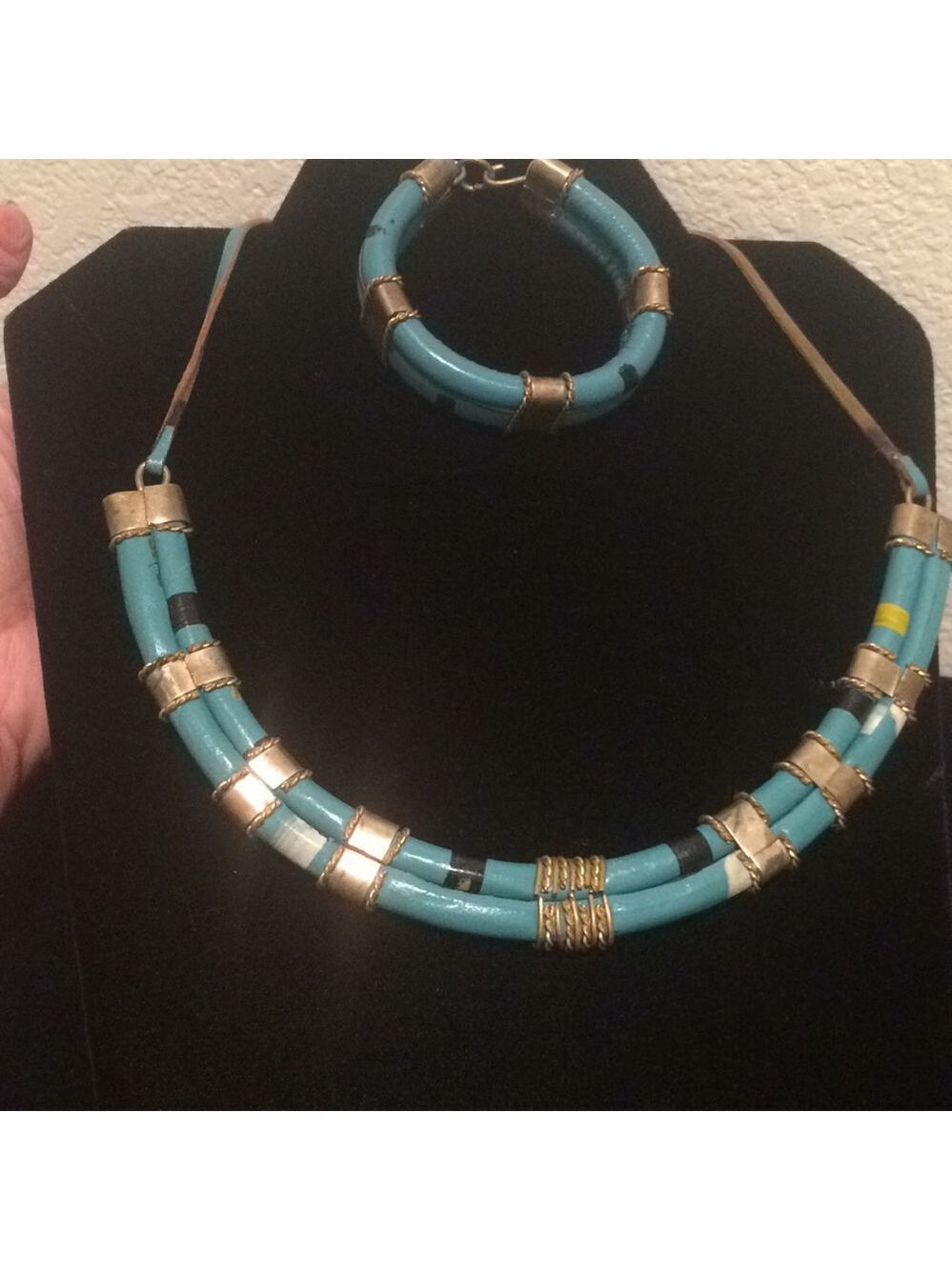 A- Faux Leather Aqua and Navy Blue Adjustable Necklace & bracelet